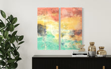 Load image into Gallery viewer, non representational artist, abstract artist, black female artist, home decor, mixed media, orange and yellow acrylic paint, green and blue acrylic paint
