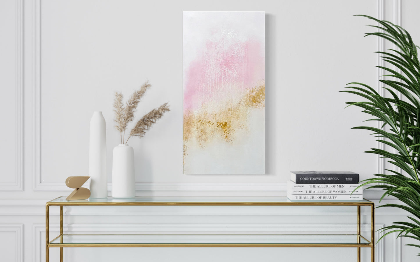 non representational artist, abstract artist, black female artist, home decor, mixed media, gold leaf, peach and white acrylic paint